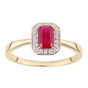 Ruby and Diamond Halo Ring - 9ct Yellow Gold