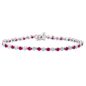 Ruby and Diamond Cluster Tennis Bracelet - 9ct White Gold