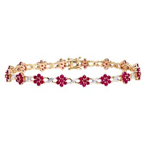 Ruby and Diamond Floral Bracelet - 9ct Yellow Gold