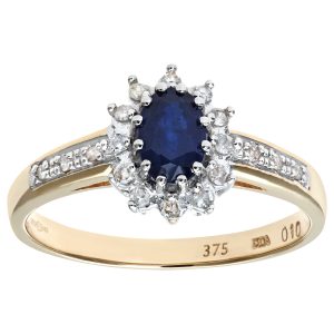 Sapphire and Diamond Oval Starburst Dress Ring- 9ct Yellow Gold