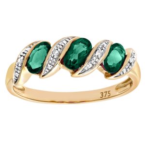 Emerald and Diamond Trilogy Twist Ring - 9ct Yellow Gold