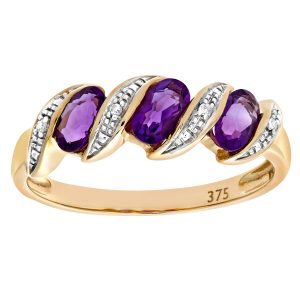 Amethyst and Diamond Trilogy Twist Ring - 9ct Yellow Gold