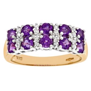 Amethyst and Diamond Two Row Dress Ring - 9ct Yellow Gold