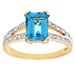 Blue Topaz and Diamond Split Shoulders Dress Ring - 9ct Yellow Gold