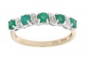 Emerald and Diamond 5 Stone Dress Ring - 9ct Yellow Gold